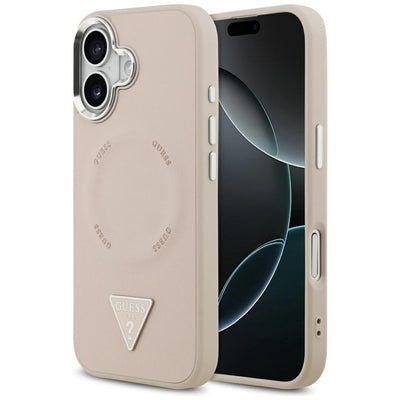 Husa Guess Magsafe PU Leather cu Triangle Logo Argintiu Metal Camera Frame pentru iPhone 17 Roz