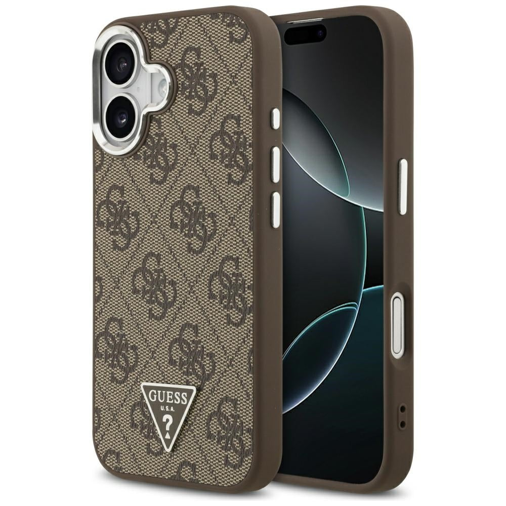 Husa Guess Magsafe 4G PU Leather cu Triangle Logo And Argintiu Metal Camera Frame pentru iPhone 17 Maro