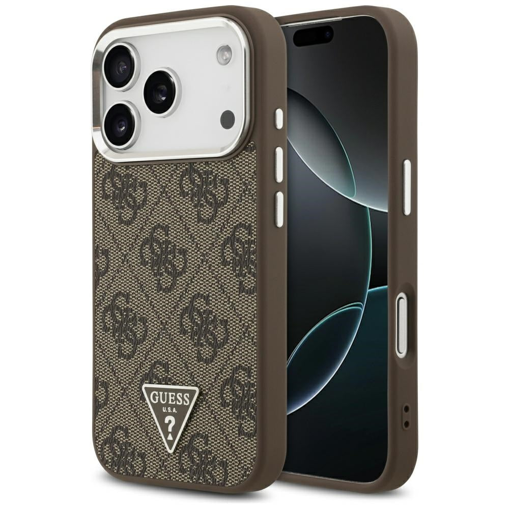Husa Guess Magsafe 4G PU Leather cu Triangle Logo And Argintiu Metal Camera Frame pentru iPhone 17 Pro Maro