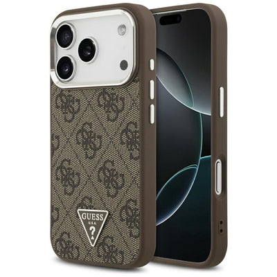 Husa Guess Magsafe 4G PU Leather cu Triangle Logo And Argintiu Metal Camera Frame pentru iPhone 17 Pro Maro