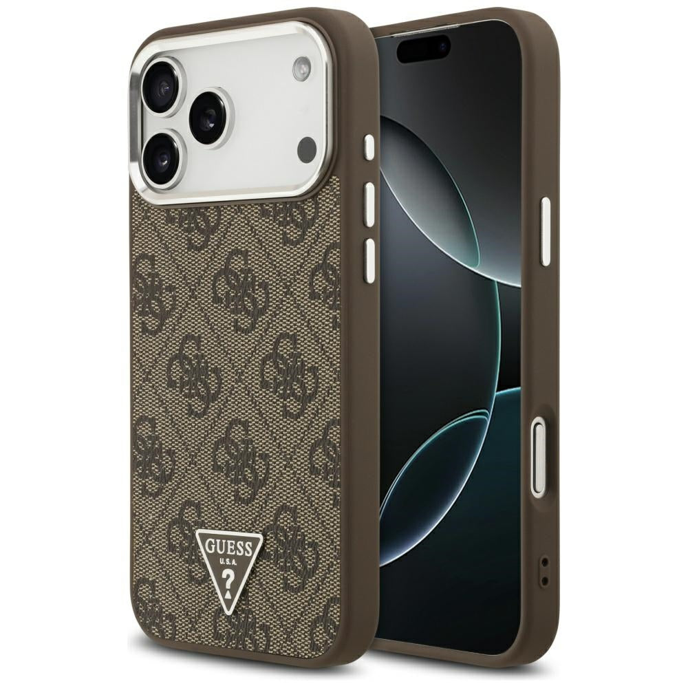 Husa Guess Magsafe 4G piele sintetica cu Triangle Logo si Argintiu Metal Camera Frame pentru iPhone 17 Pro Max Maro