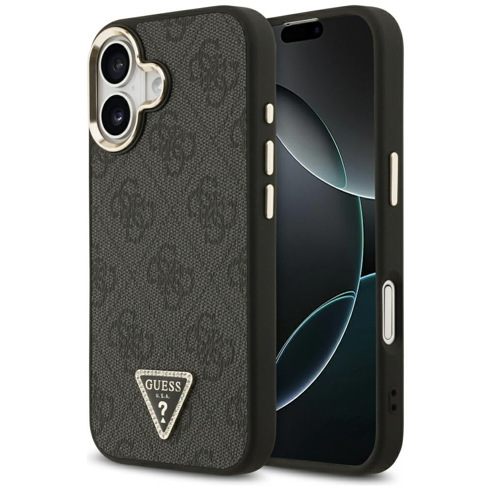 Husa Guess Magsafe 4G piele sintetica cu Triangle Logo si Auriu Metal Camera Frame pentru iPhone 17 Maro