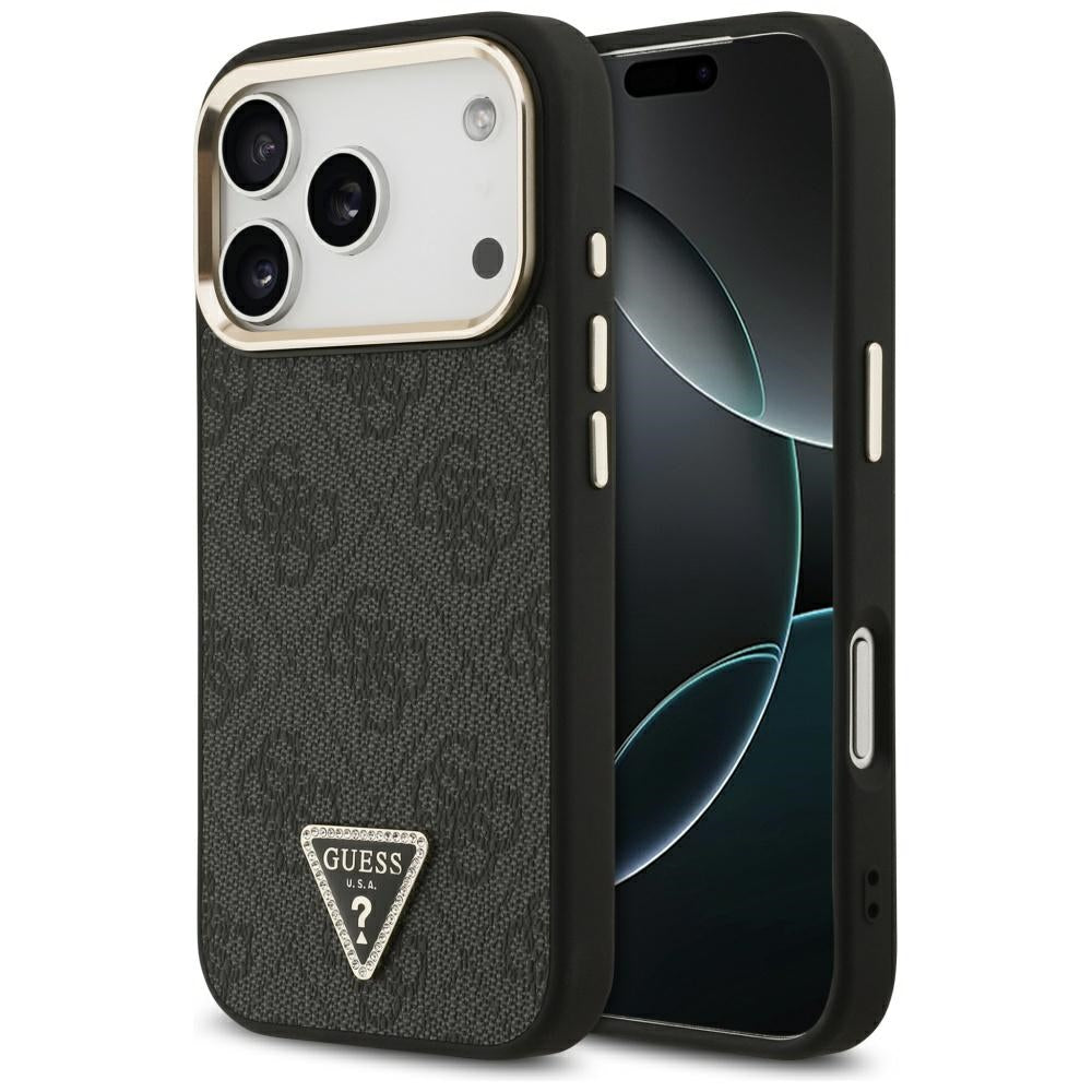 Husa Guess Magsafe 4G piele sintetica cu Triangle Logo si Auriu Metal Camera Frame pentru iPhone 17 Pro Negru