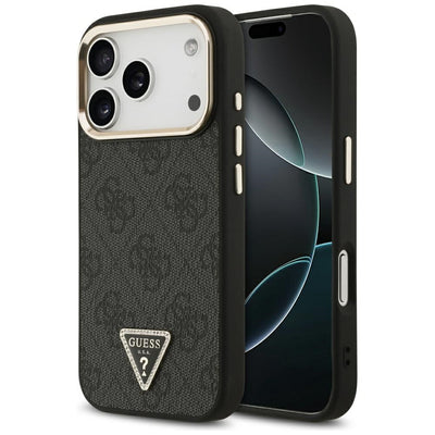Husa Guess Magsafe 4G piele sintetica cu Triangle Logo si Auriu Metal Camera Frame pentru iPhone 17 Pro Negru