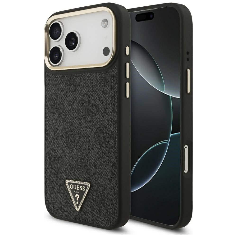 Husa Guess Magsafe 4G PU Leather cu Triangle Logo And Auriu Metal Camera Frame pentru iPhone 17 Pro Max Maro