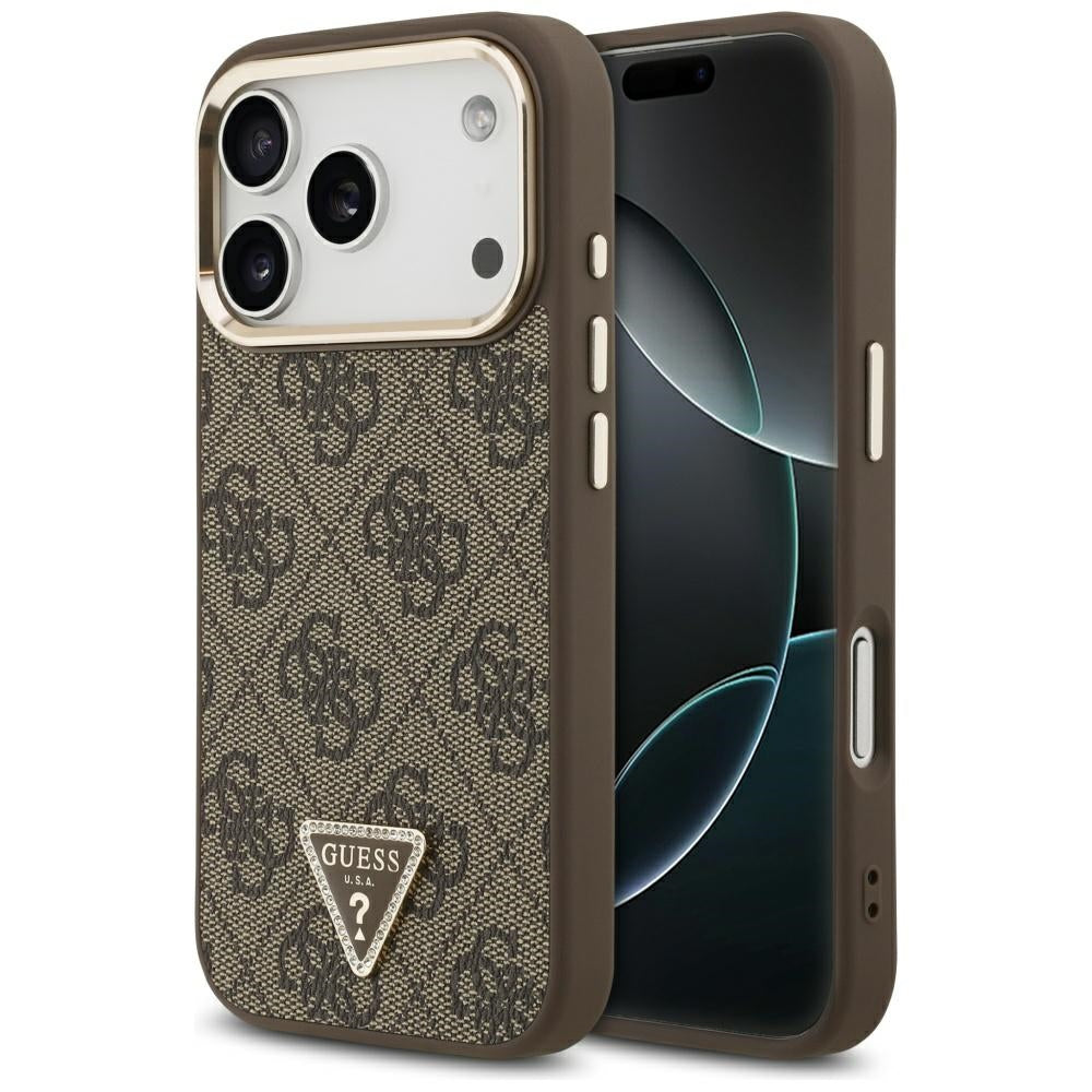 Husa Guess Magsafe 4G PU Leather cu Triangle Logo And Auriu Metal Camera Frame pentru iPhone 17 Pro Maro