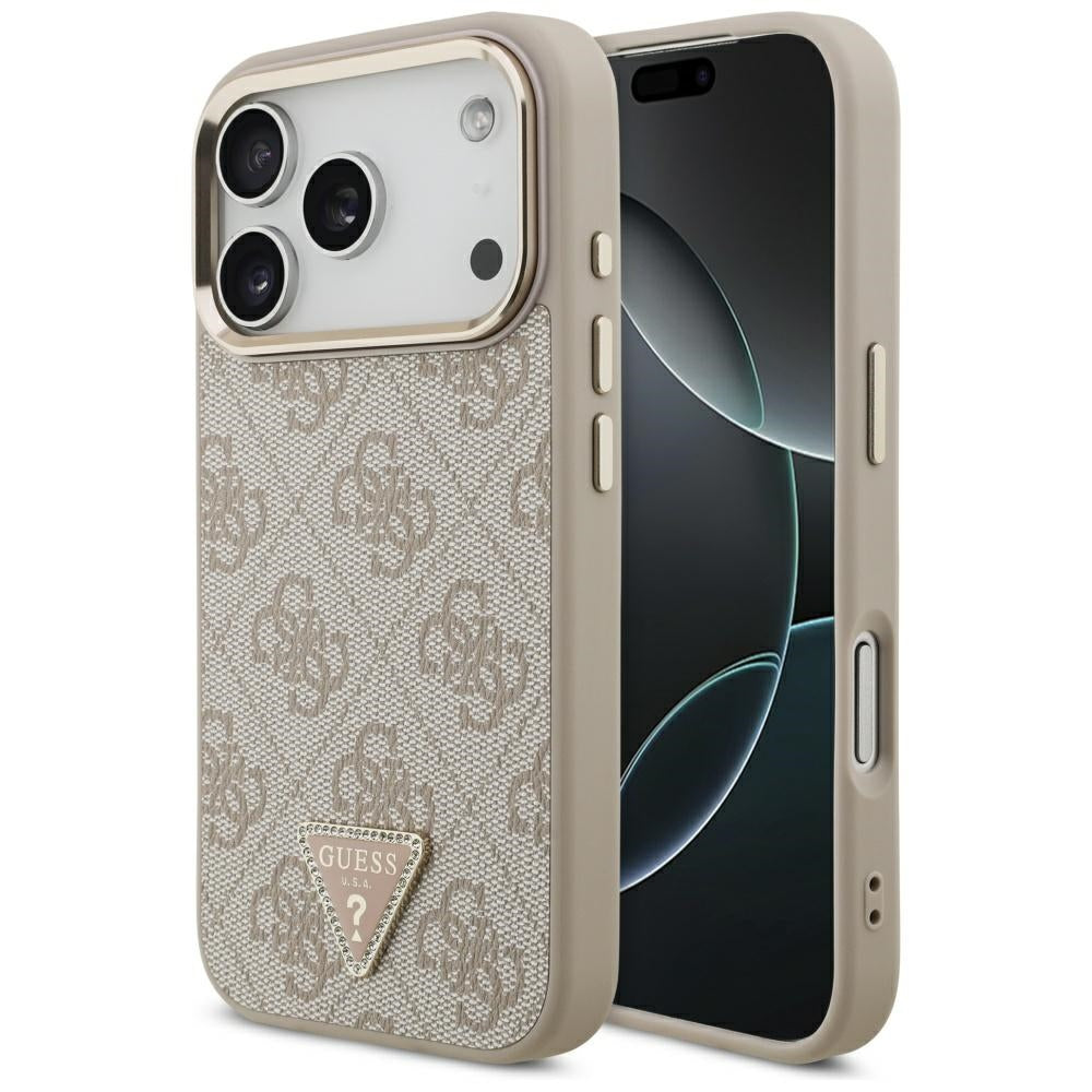 Husa Guess Magsafe 4G piele sintetica cu Triangle Logo si Auriu Metal Camera Frame pentru iPhone 17 Pro Roz