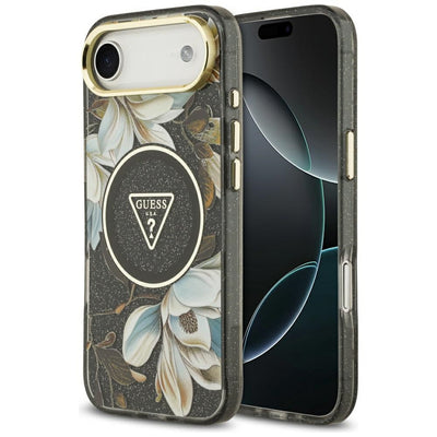 Husa Guess Magsafe IML Glitter Flowers And Triangle cu Metal Camera Frame And Buttons pentru iPhone 17 Air Negru