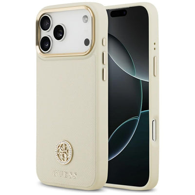 Husa Guess Grained Strass Logo Magsafe pentru iPhone 17 Pro Max Bej