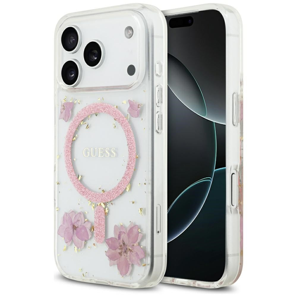 Husa Guess Resin Flowers Glitter Magsafe pentru iPhone 17 Pro Roz