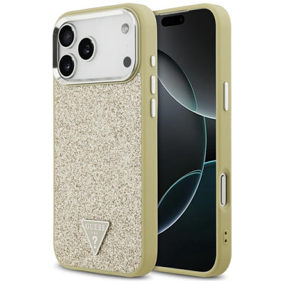 Husa Guess Glitter Triangle Logo Magsafe pentru iPhone 17 Pro Max Auriu