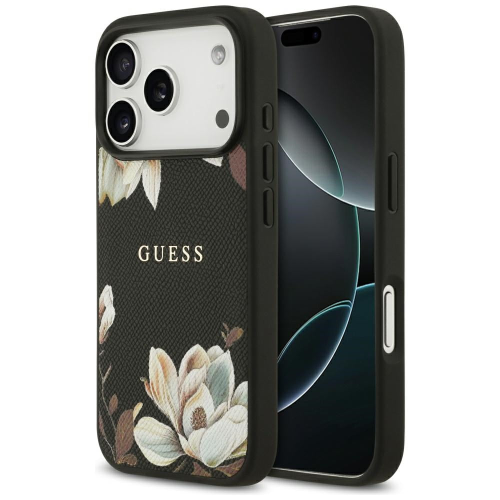Husa Guess Grained Flowers Classic Logo Magsafe pentru iPhone 17 Pro Negru