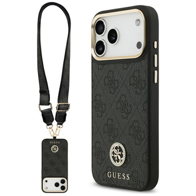 Husa Guess 4G Srtass Logo & Big Curea Metal Buttons Magsafe pentru iPhone 17 Pro Max Negru