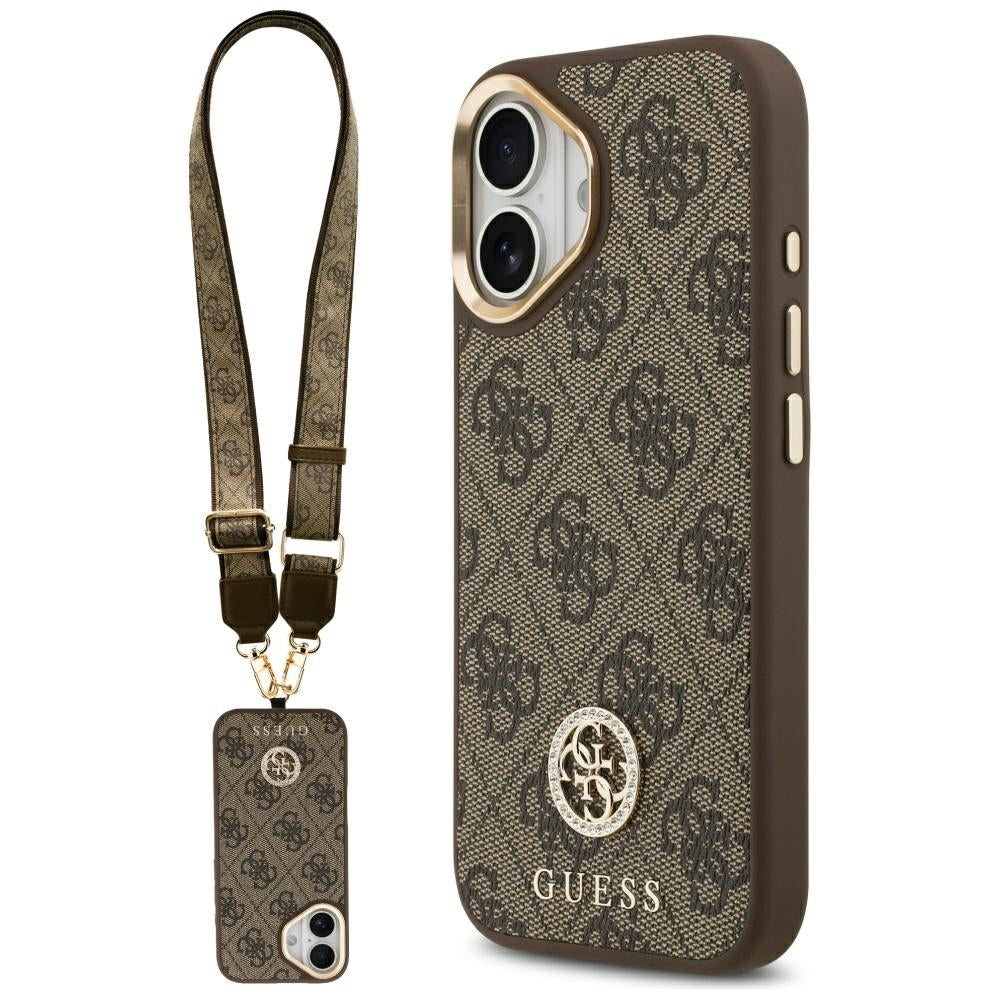 Husa Guess 4G Strass Logo & Big Curea Metal Buttons Magsafe pentru iPhone 17 Maro