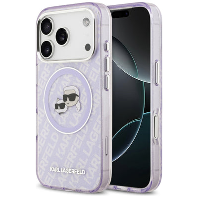 Husa Karl Lagerfeld Magsafe IML Glitter Metal Camera Frame And Buttons Karl And Choupette Heads On KL Repeated Logo pent