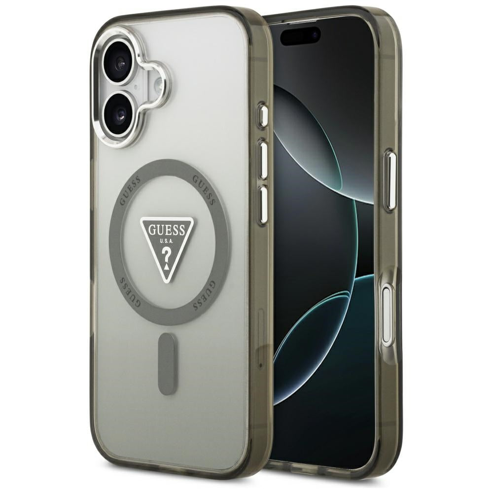 Husa Guess Magsafe IML Gradient cu Print Triangle Logo & Argintiu Metal Camera Buttons pentru iPhone 17 Khaki