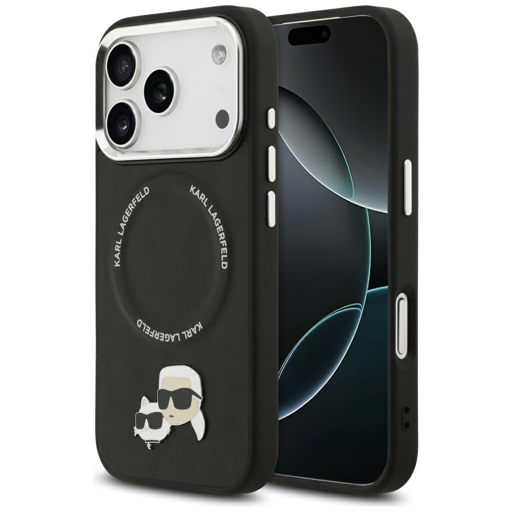 Husa Karl Lagerfeld Magsafe PU Husa cu Karl&Choupette Heads Pins Logo And Metal Camera Buttons pentru iPhone 17 Pro Negr