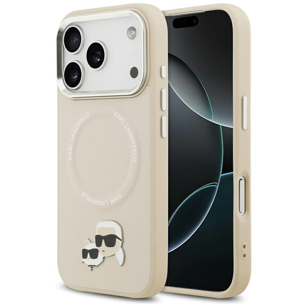 Husa Karl Lagerfeld Magsafe PU cu Karl&Choupette Heads Pins Logo si Metal Camera Buttons pentru iPhone 17 Pro Max Gri