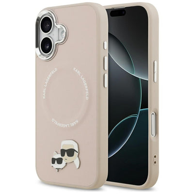 Husa Karl Lagerfeld Magsafe PU cu Karl&Choupette Heads Pins Logo And Metal Camera Buttons pentru iPhone 17 Bej
