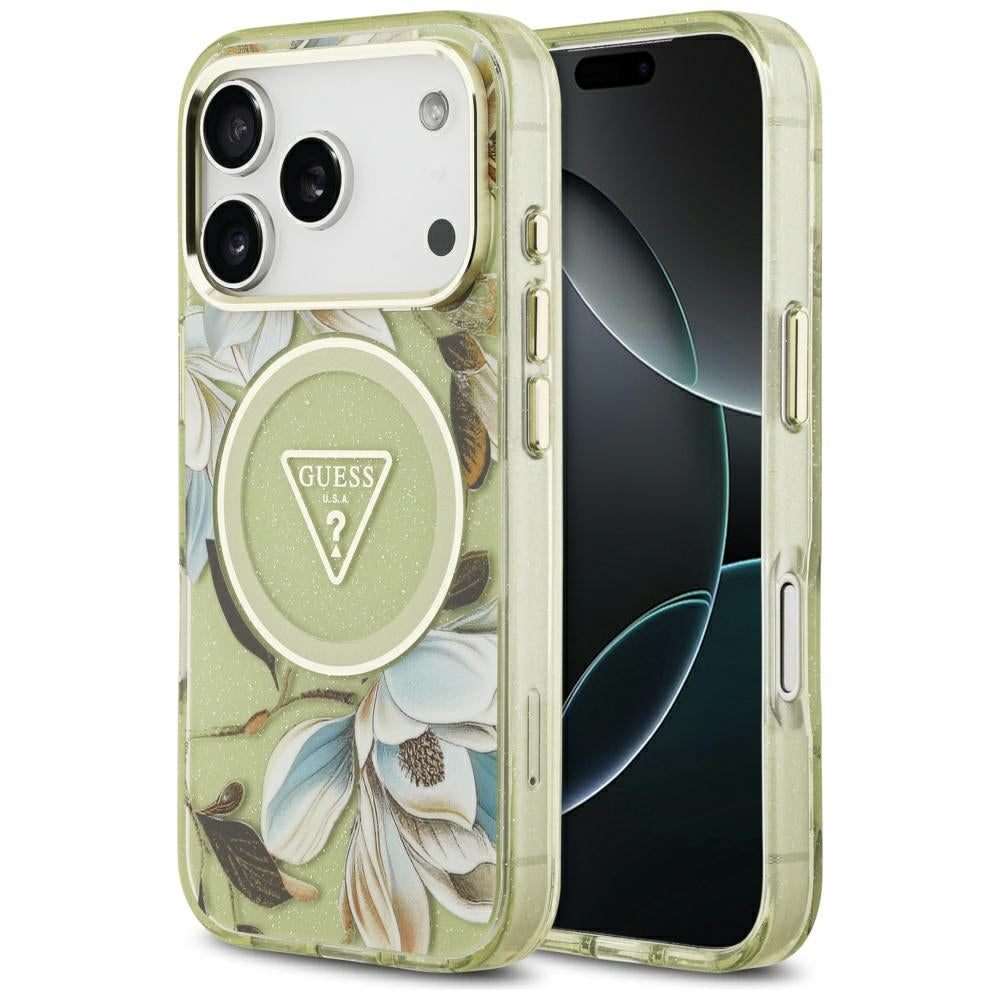 Husa Guess IML Glitter Flowers Triangle Magsafe pentru iPhone 17 Pro Max Verde
