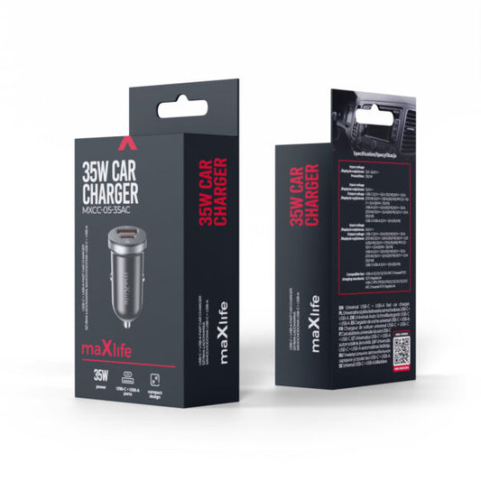 Încărcător auto Maxlife MXCC‑05 PD QC 1x USB‑C 1x USB 35W negru