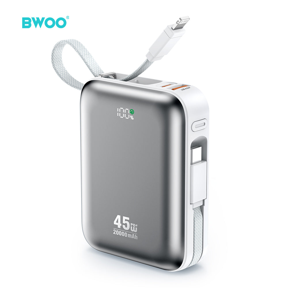 Cablu BWOO 20000mAh Fast Charging Acumulator extern Pd45w cu 2 Type C And Lightning P78 Argintiu