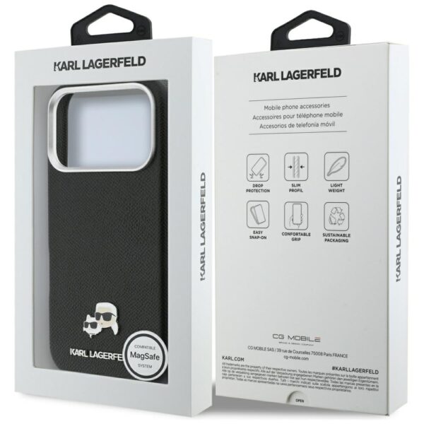 Husă pentru iPhone 17 Pro Karl Lagerfeld 6,3" HC MAGSAFE PU FW W/ K&C HEAD PIN BLACK – Negru