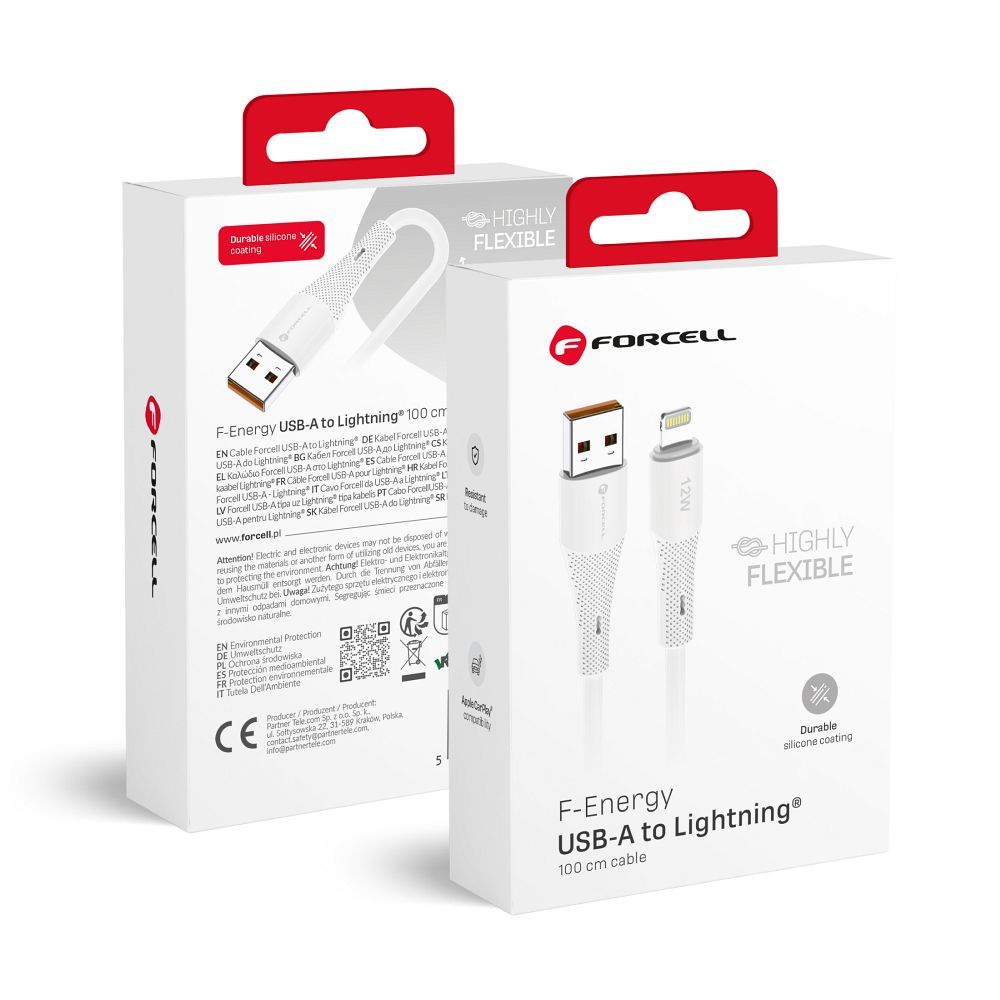 Cablu Forcell USB A To Lightning F-energy 2,4A 12W Silicone 1 M C343 Alb