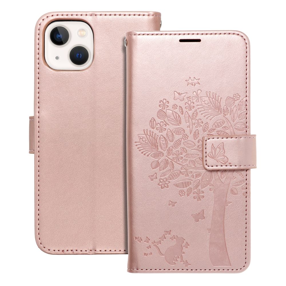 Husa Mezzo Book Flip pentru iPhone 13 Tree Roz auriu