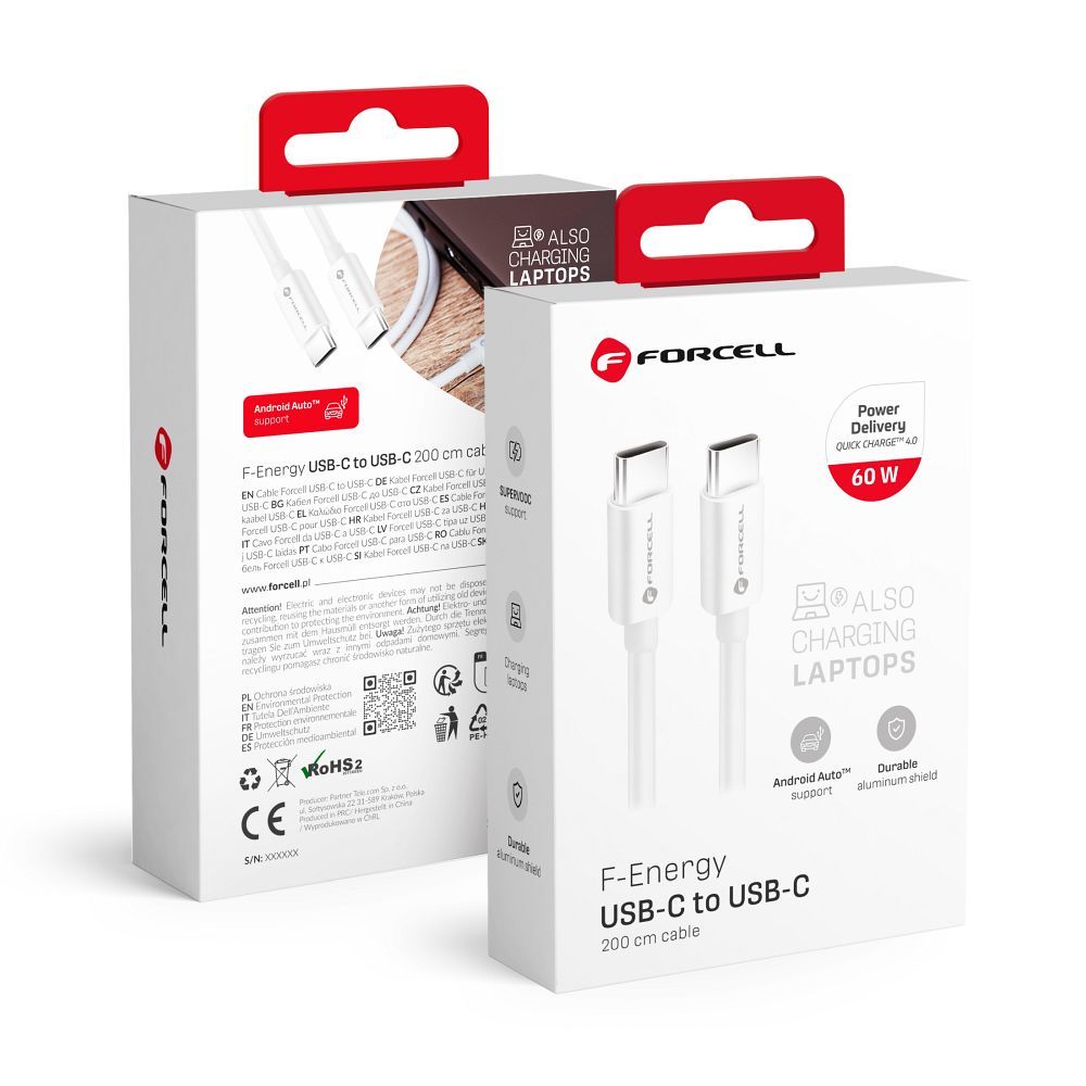 Cablu Forcell USB C To USB C F-energy Qc4.0 PD 3A 60W 2 M C338 Alb