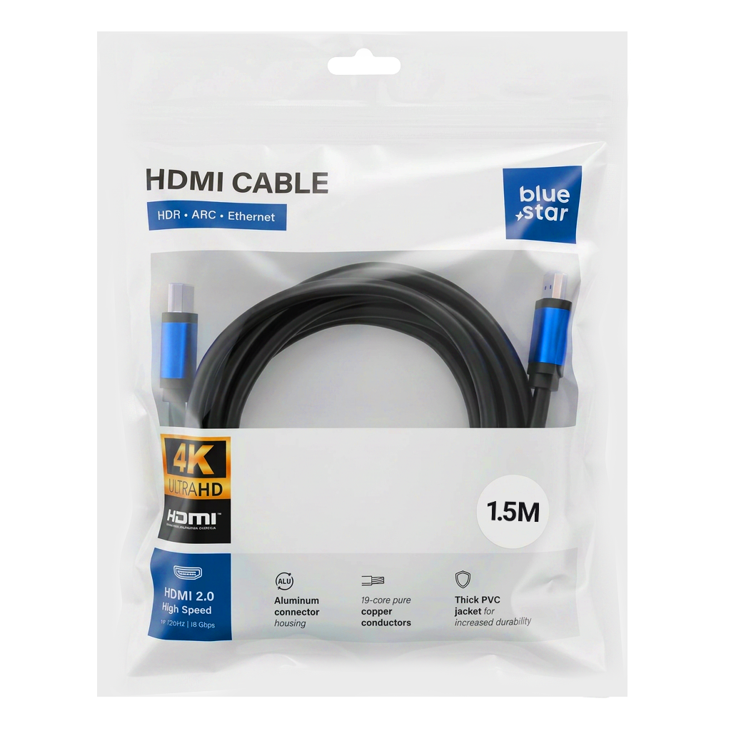 Cablu Albastru Star Hdmi 2.0 4K 120Hz - High Speed, HDR, ARC, Ethernet, AWM, 18Gbps 1,5 M Negru