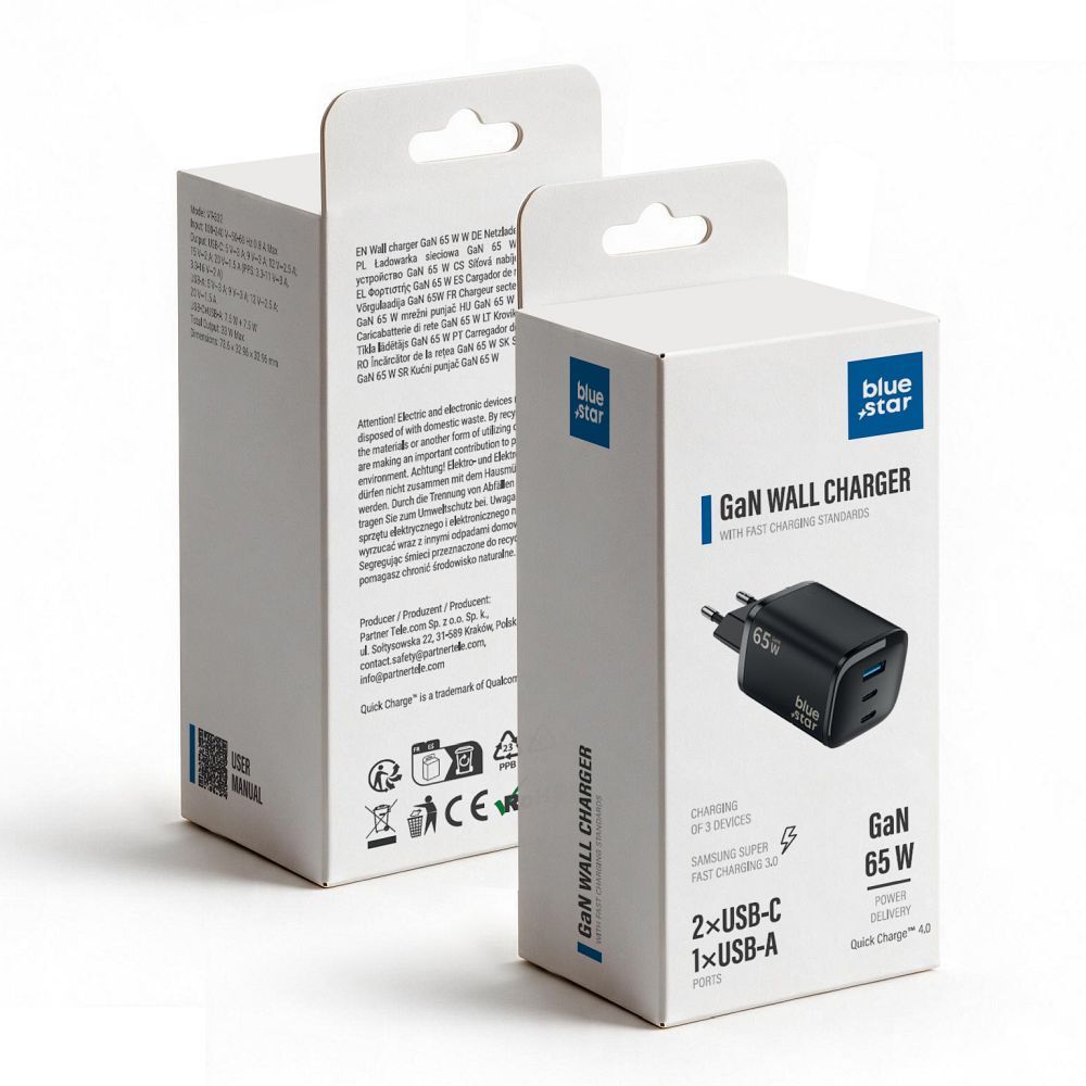 Incarcator Albastru Star Phone Nano Gan 2x USB C + USB A Qc4.0 PD 3A 65W Negru