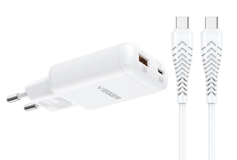 Cablu Veger Phone Incarcator USB A + Type C PD 65W + Data Type C To C 100W Tr122 Alb