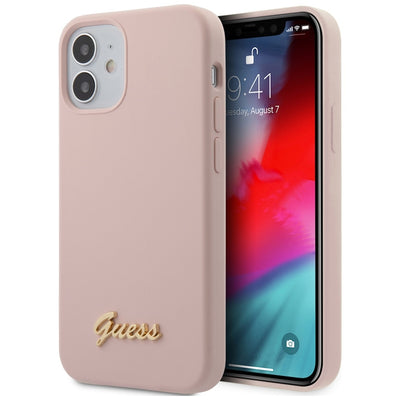Husa Guess iPhone 12 Mini 5.4" Roz deschis/Roz deschis Hardcase Silicone Script Auriu Logo