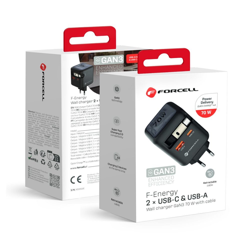 Cablu Forcell Phone Incarcator F-energy Gan USB C + USB A + Retractable USB C PD Qc4.0 3A 70W Vt-r7 Gri