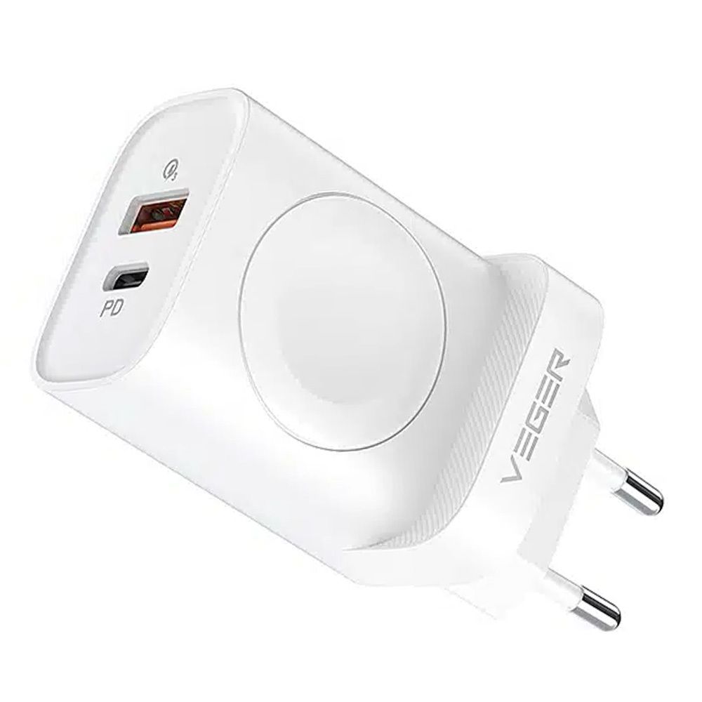 Incarcator Veger Phone USB A + Typ C + wireless Compatible cu Apple Watch PD Qc3.0 3A 25W W002e Alb