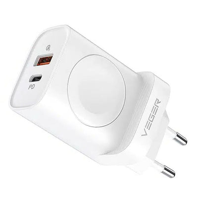 Incarcator Veger Phone USB A + Typ C + wireless Compatible cu Apple Watch PD Qc3.0 3A 25W W002e Alb