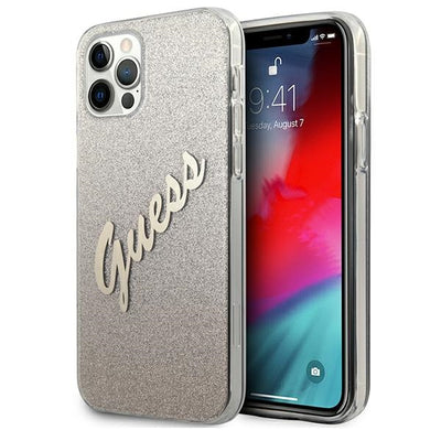 Husa Guess iPhone 12 Pro Max 6.7" Auriu/Auriu Hardcase Glitter Gradient Script