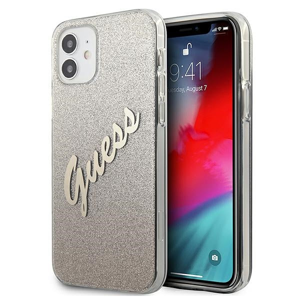 Husa Guess iPhone 12 Mini 5.4" Auriu/Auriu Hardcase Glitter Gradient Script