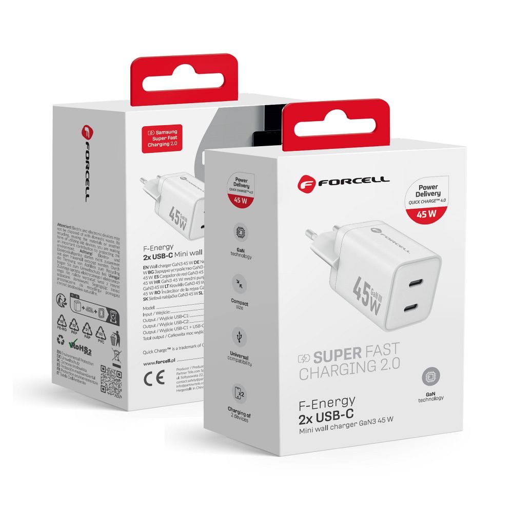 Incarcator Forcell Phone F-energy Mini Gan III 2 X USB C PD Qc4.0 45W Alb