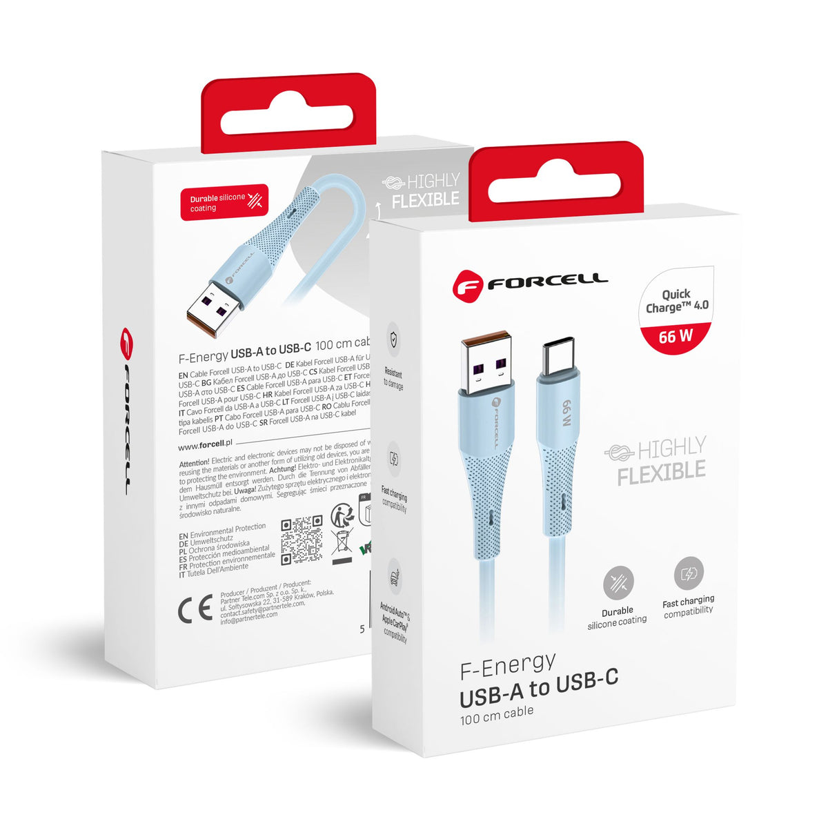 Cablu Forcell USB A To USB C F-energy Qc4.0 3A 66W Silicone 1 M C342 Albastru
