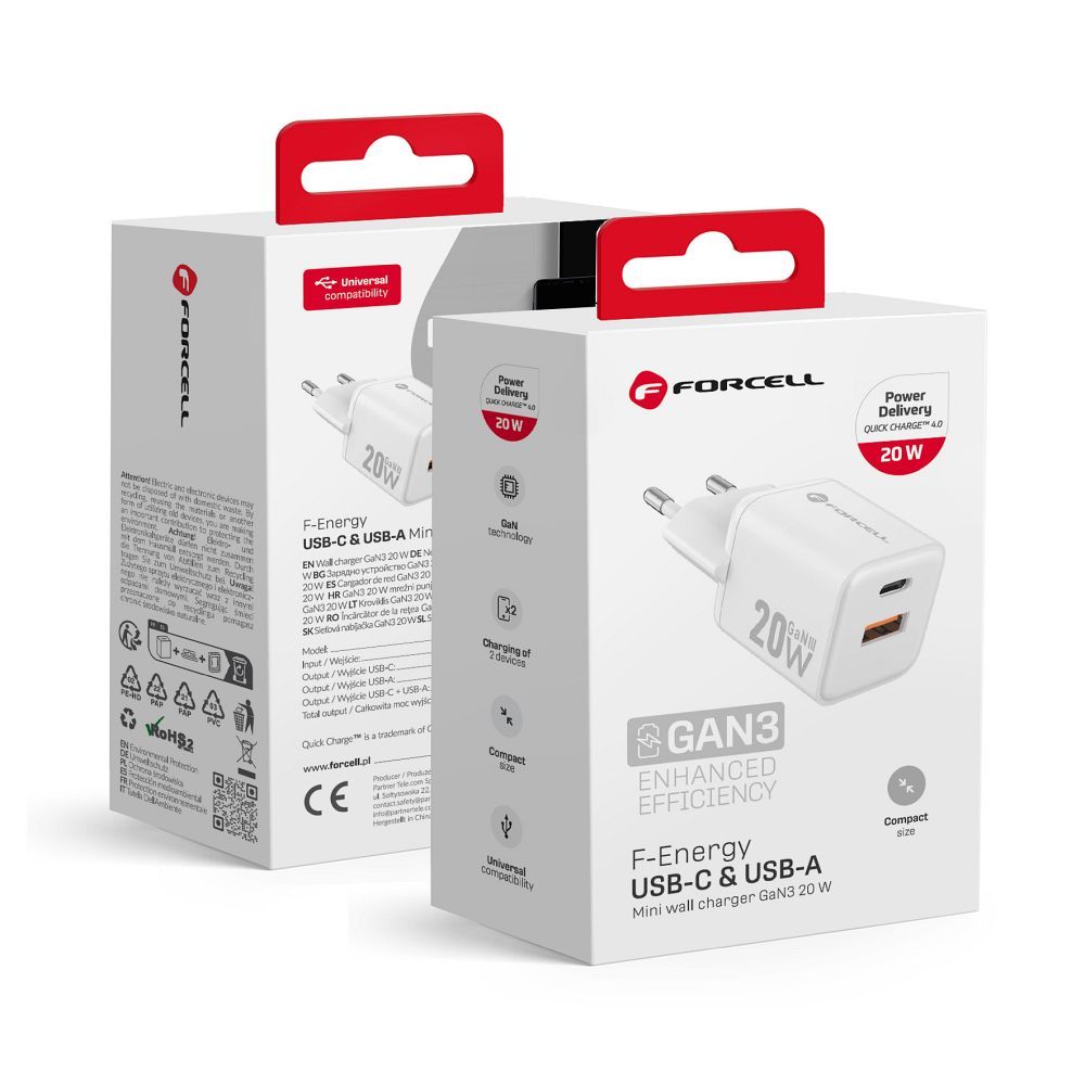 Incarcator Forcell Phone F-energy Mini Gan III USB C + USB A Qc4.0 PD 20W Alb 0INT