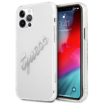Husa Guess iPhone 12/12 Pro 6.1" Transparent Hardcase Vintage Script Argintiu