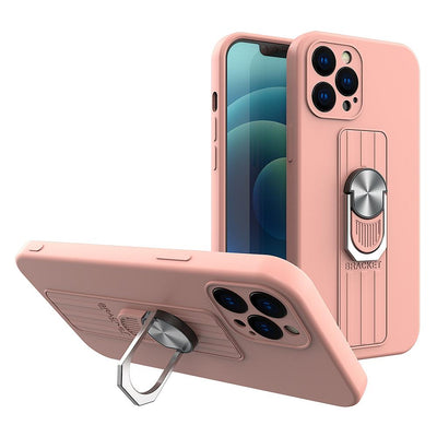 Husa Ring Silicone cu Finger Grip And Stand pentru iPhone 13 Pro Roz