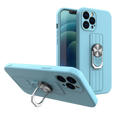 Husa Ring Silicone cu Finger Grip And Stand pentru iPhone 13 Pro Albastru deschis