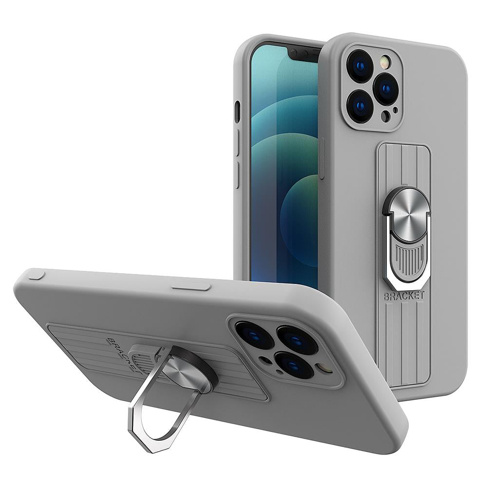 Husa Ring Silicone cu Finger Grip And Stand pentru Xiaomi Redmi 10X 4G / Xiaomi Redmi Note 9 Argintiu