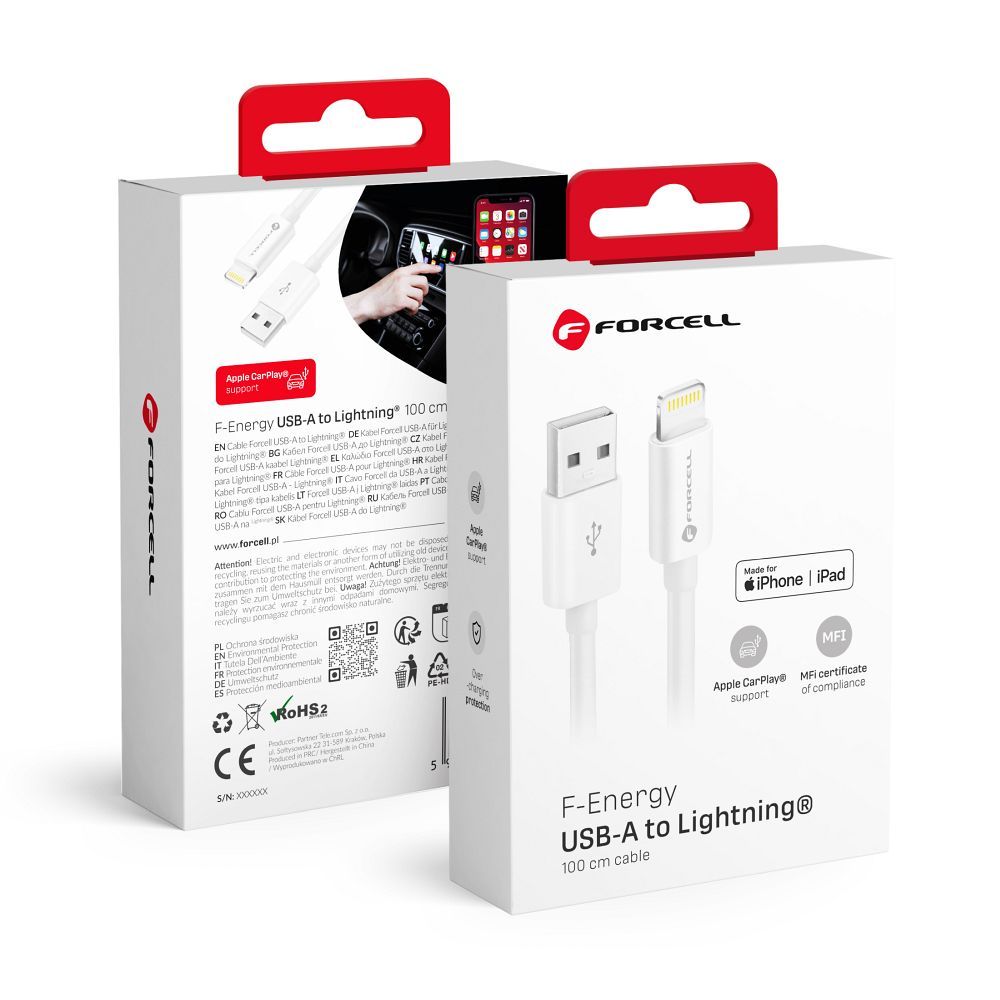 Cablu Forcell USB A To Lightning F-energy Mfi 2,4A 12W 1 M C703 Alb