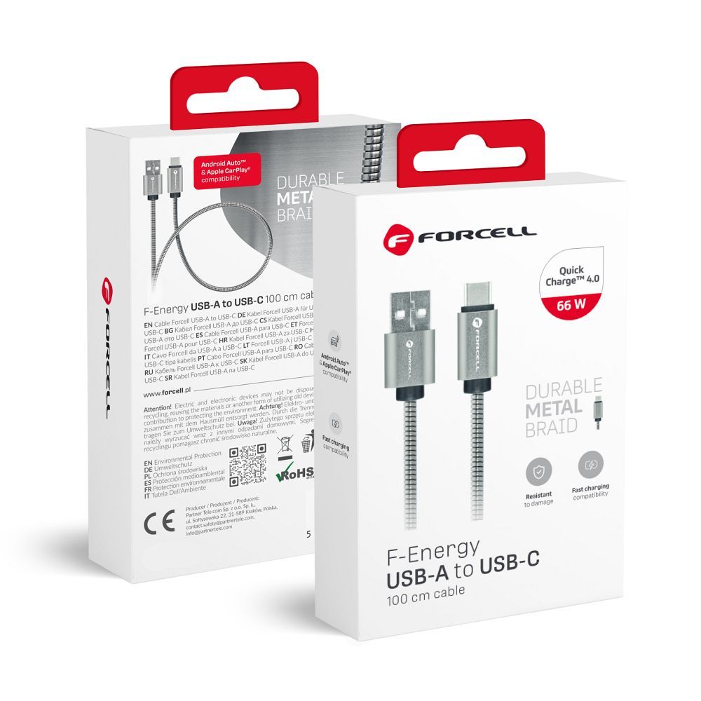 Cablu Forcell USB A To USB C F-energy Qc3.0 66W Metal 1 M C234 Argintiu