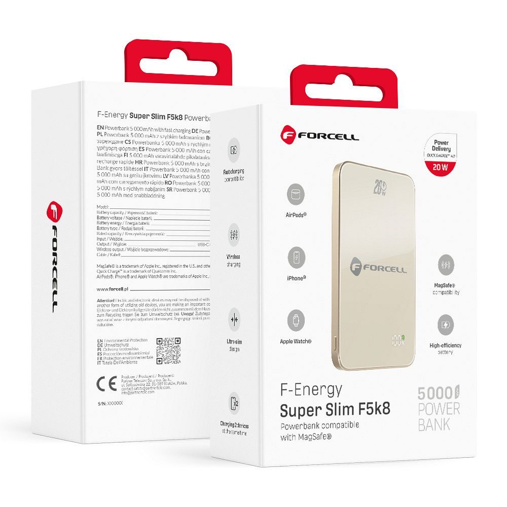 Acumulator extern Forcell Compatible cu Magsafe F-energy Superslim F5k8 Qc4.0 Pd3.0 15W 5000 Mah Titanium Desert