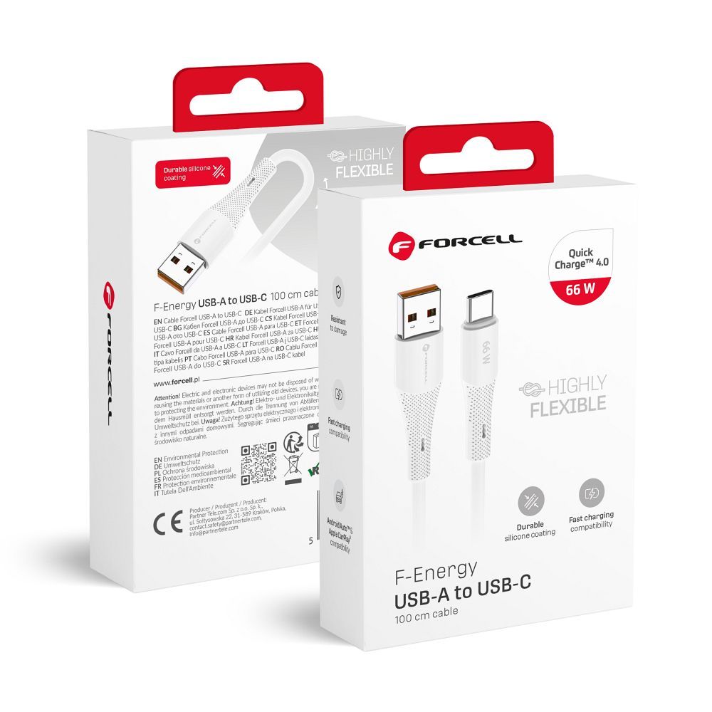 Cablu Forcell USB A To USB C F-energy Qc4.0 3A 66W Silicone 1 M C342 Alb